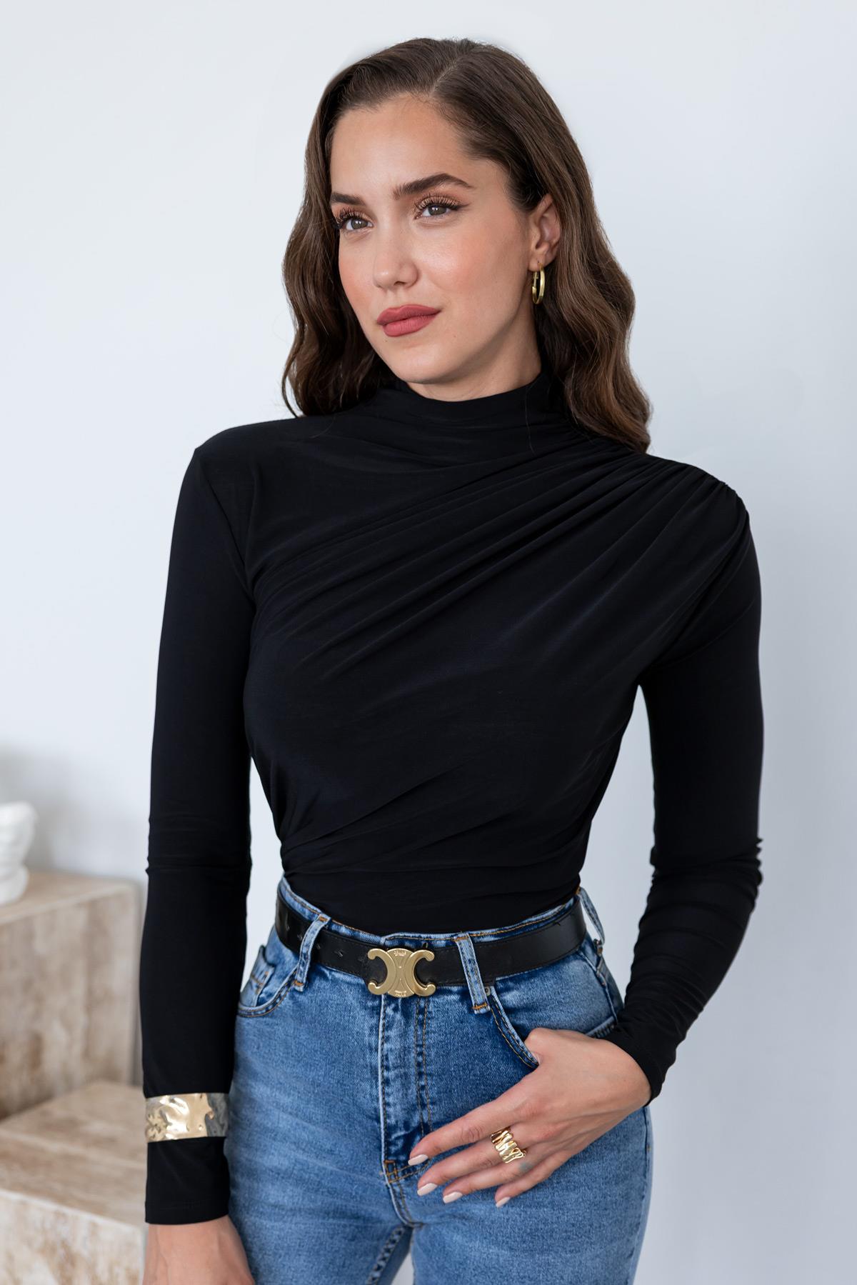 Draped Basic Blouse - BLACK