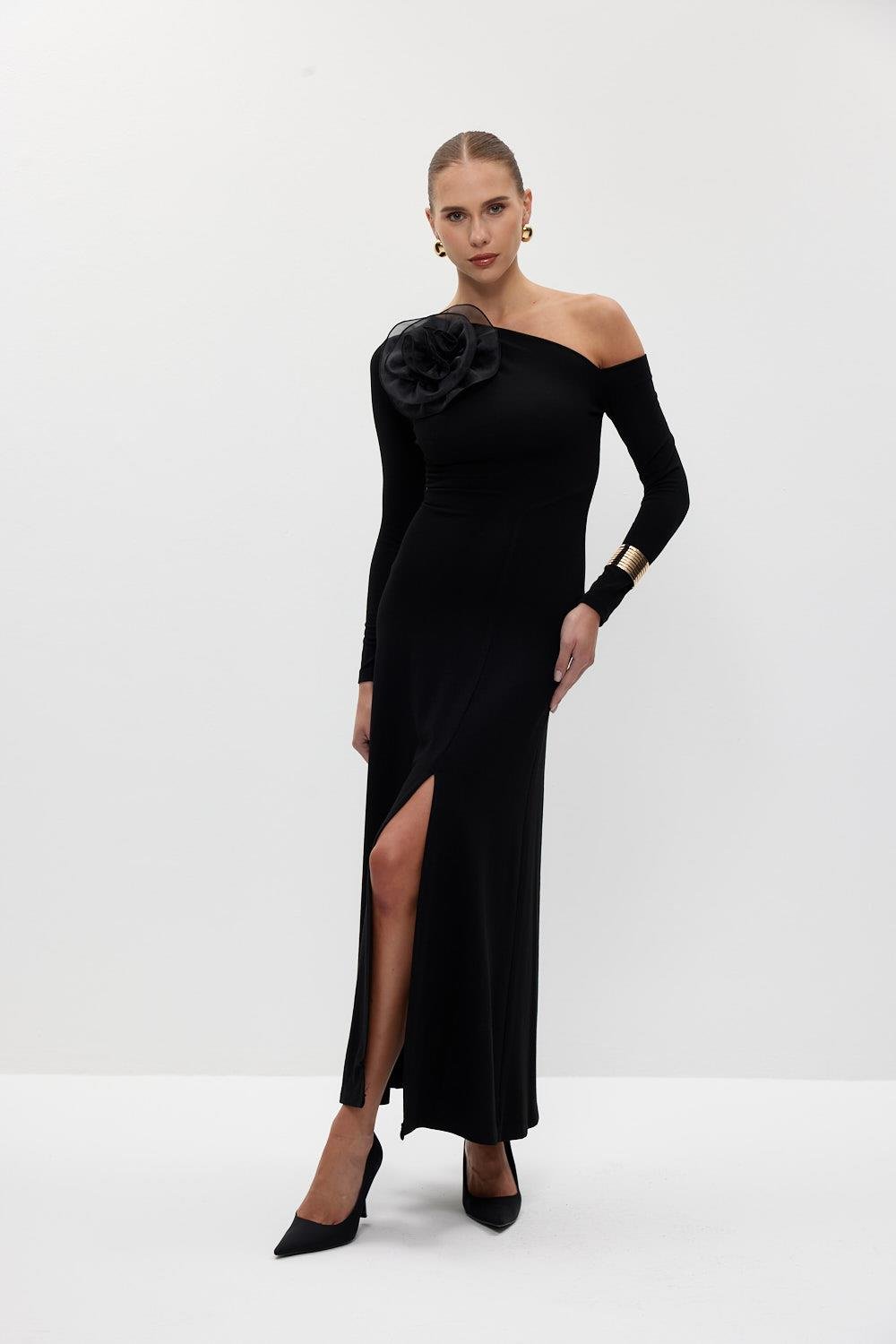 One Shoulder Open Long Sleeve Long Dress