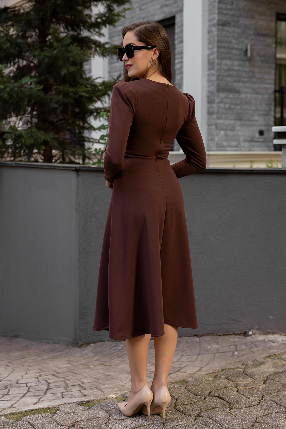 Button Detail Midi Dress - BROWN