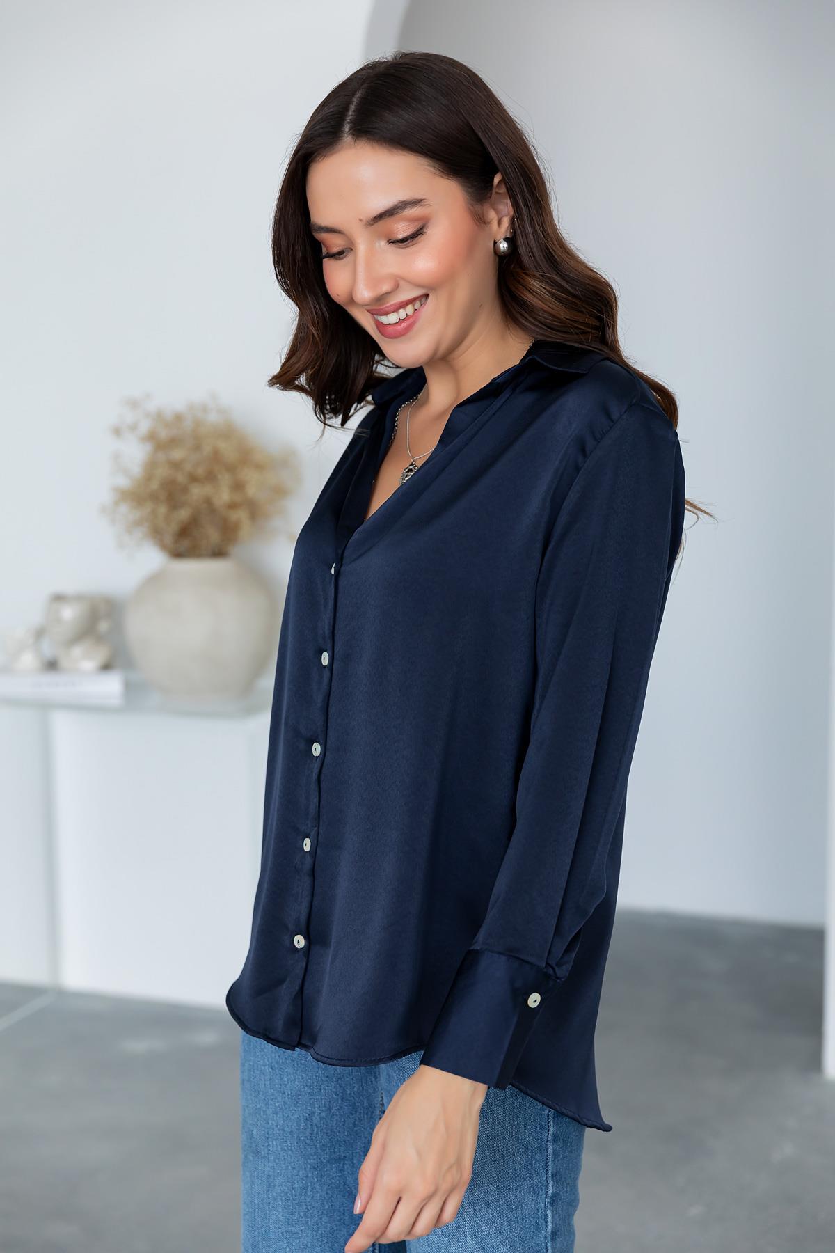 Satin Shirt - NAVY BLUE