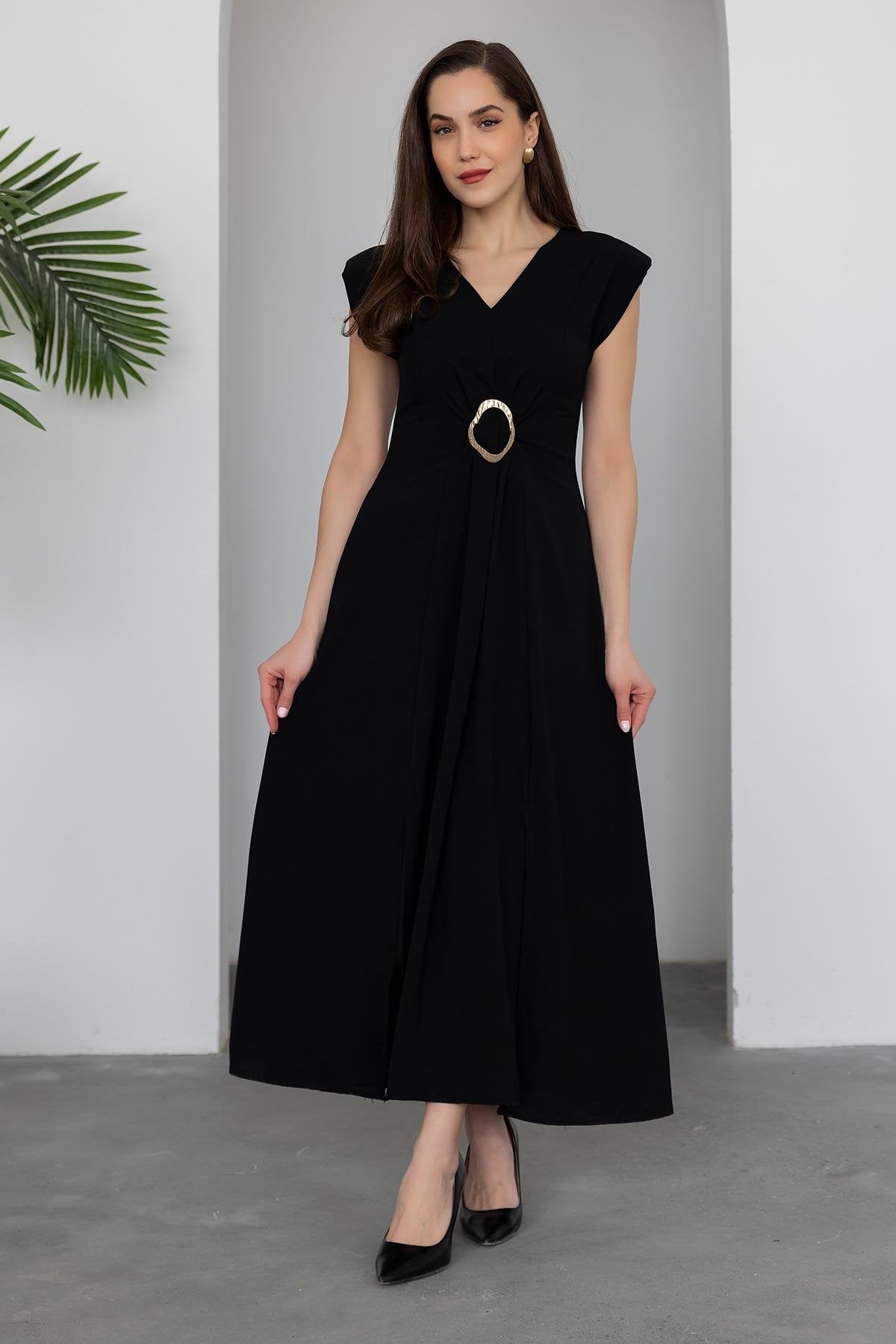 V Neck Slit Dress - BLACK