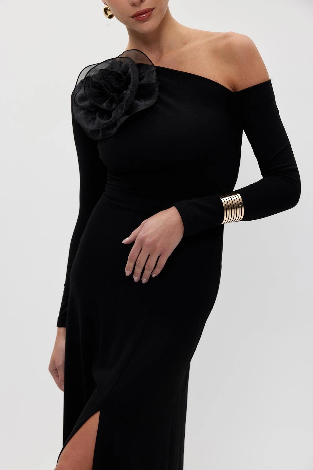 One Shoulder Open Long Sleeve Long Dress