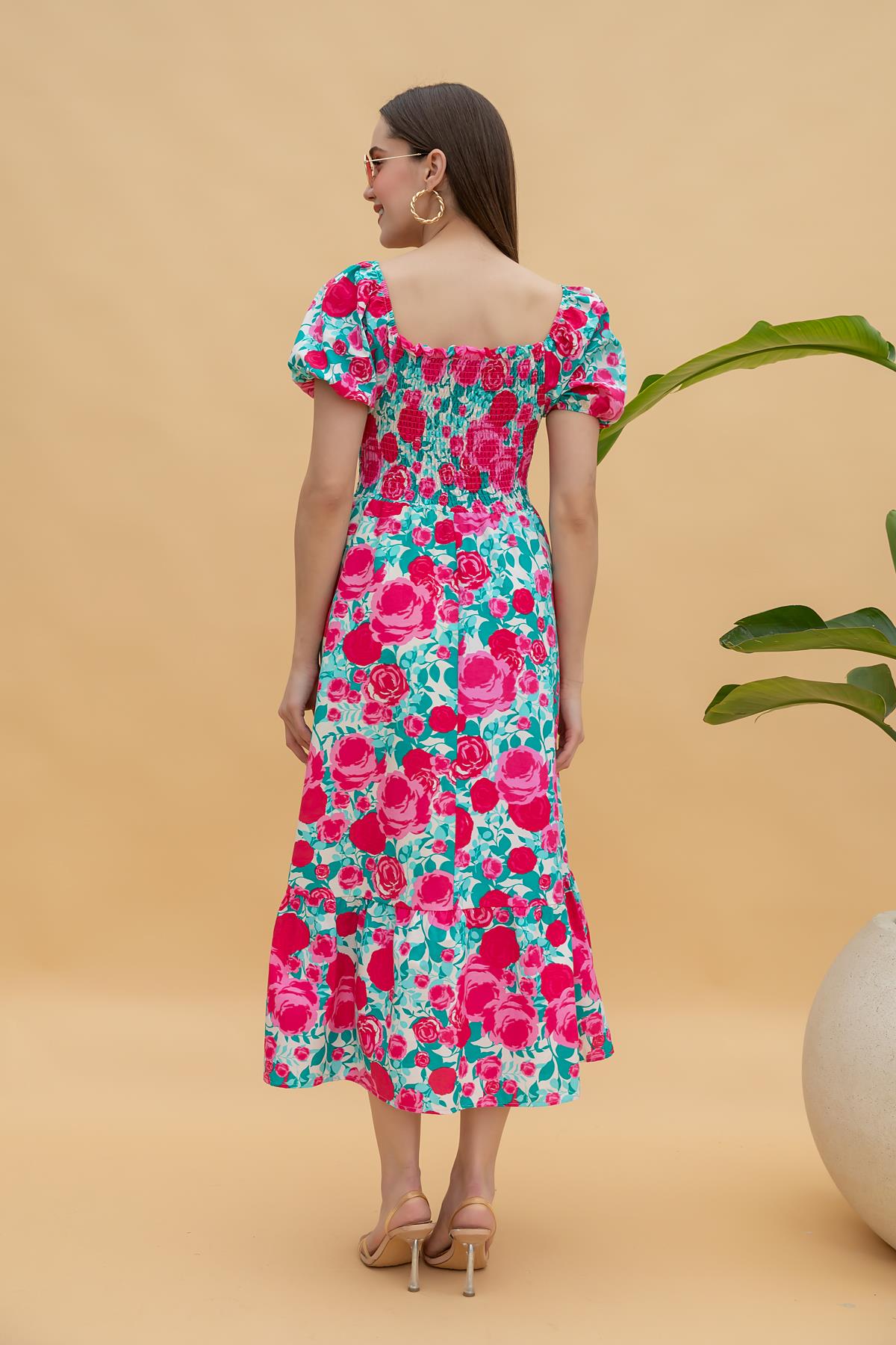 Floral Patterned Midi Dress - Fuchsia