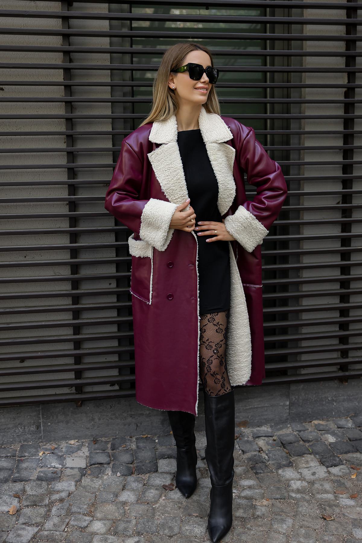 Faux Leather Long Coat - CLARET RED