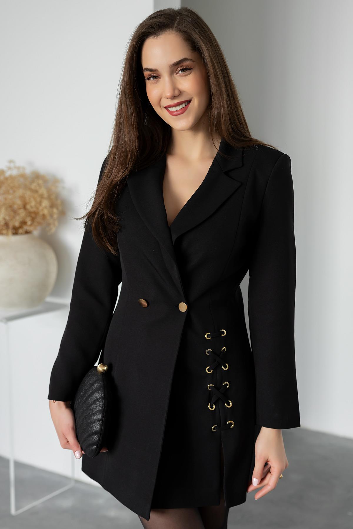 Eyelet Detail Jacket Dress - BLACK