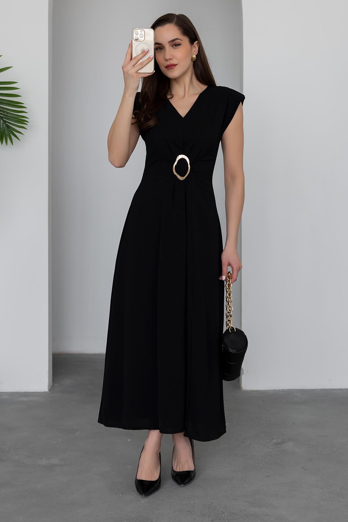 V Neck Slit Dress - BLACK