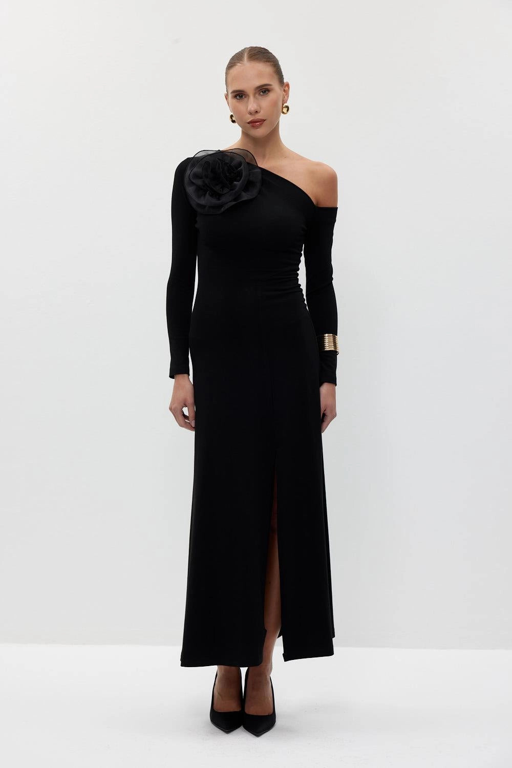 One Shoulder Open Long Sleeve Long Dress