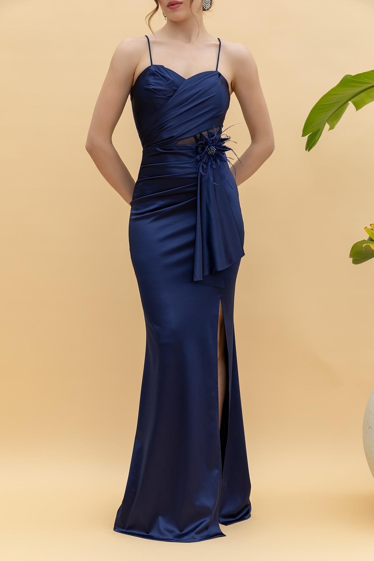 Brooch Detailed Slit Evening Dress - NAVY BLUE