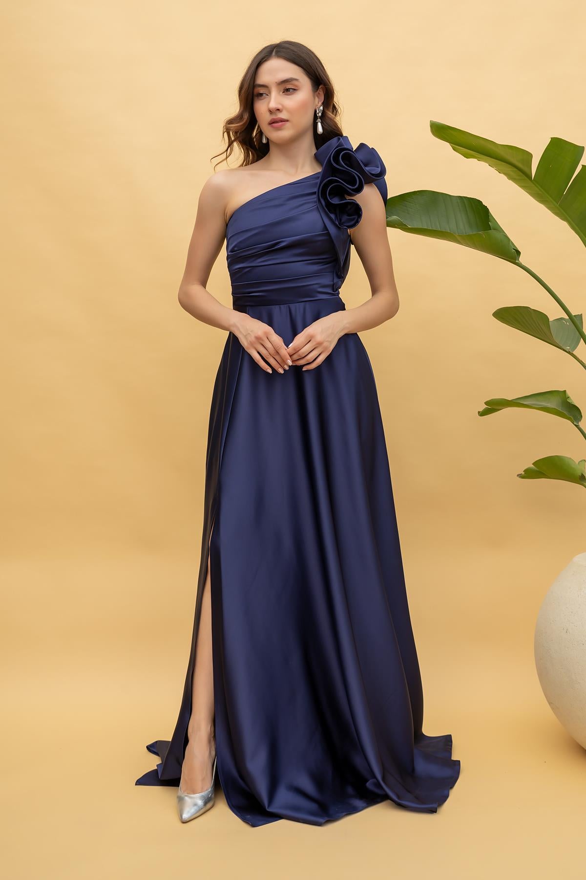 Shoulder Design Evening Dress - NAVY BLUE