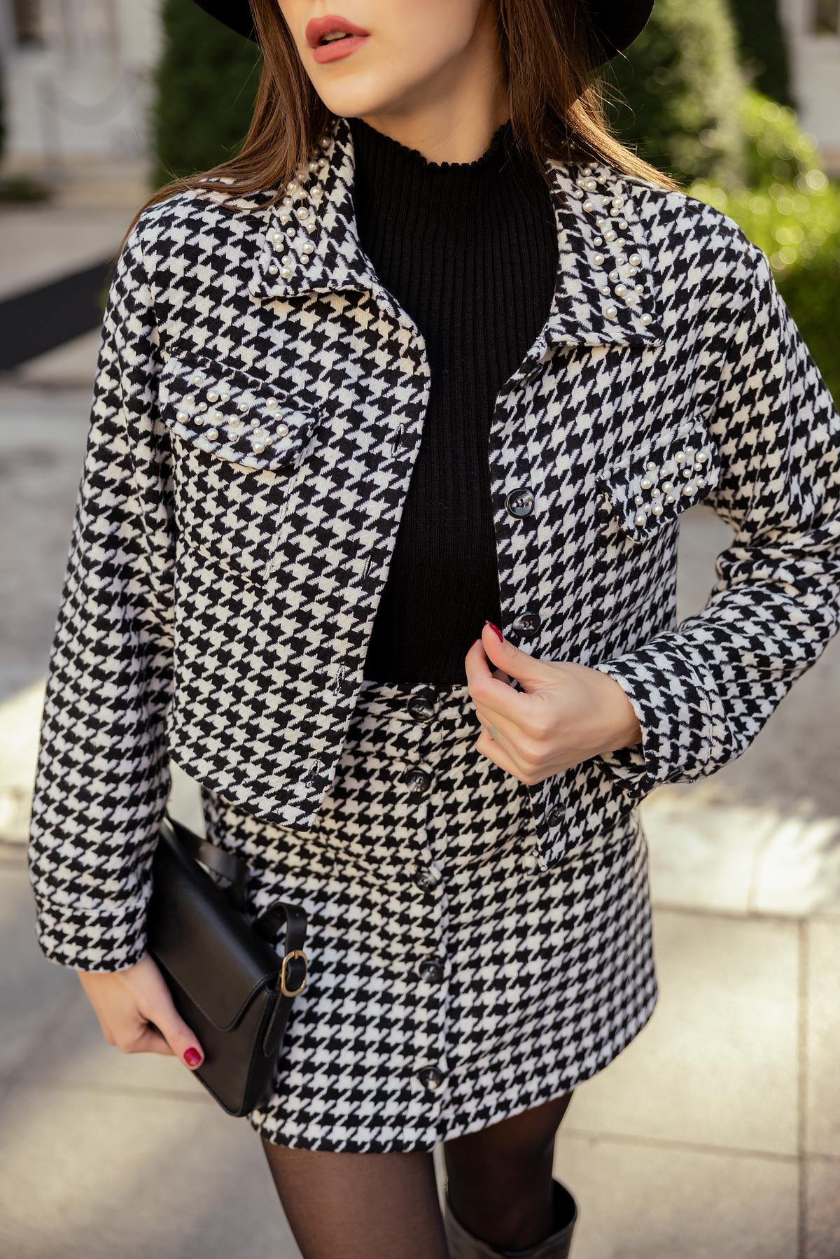 Pearl Embroidered Houndstooth Jacket - BLACK