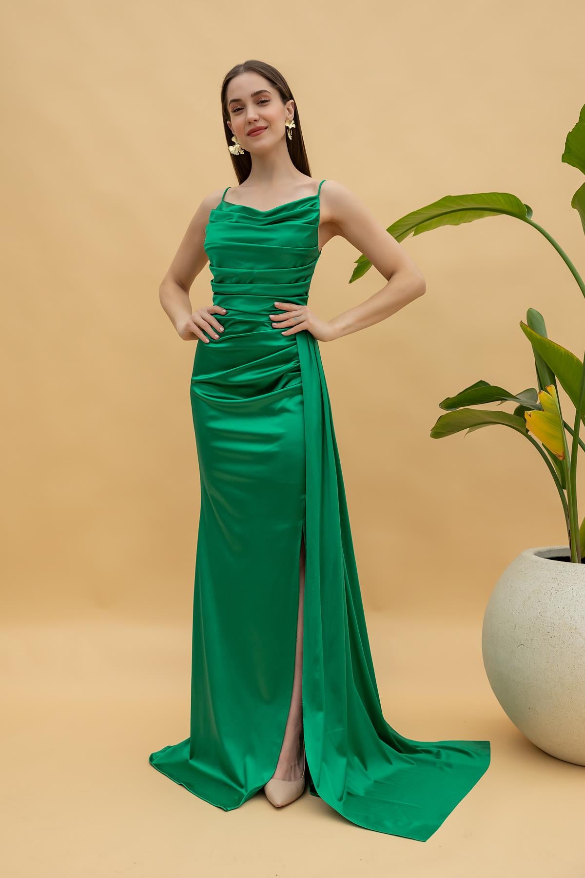 Belted Long Evening Dress with Draped Chest - GREEN