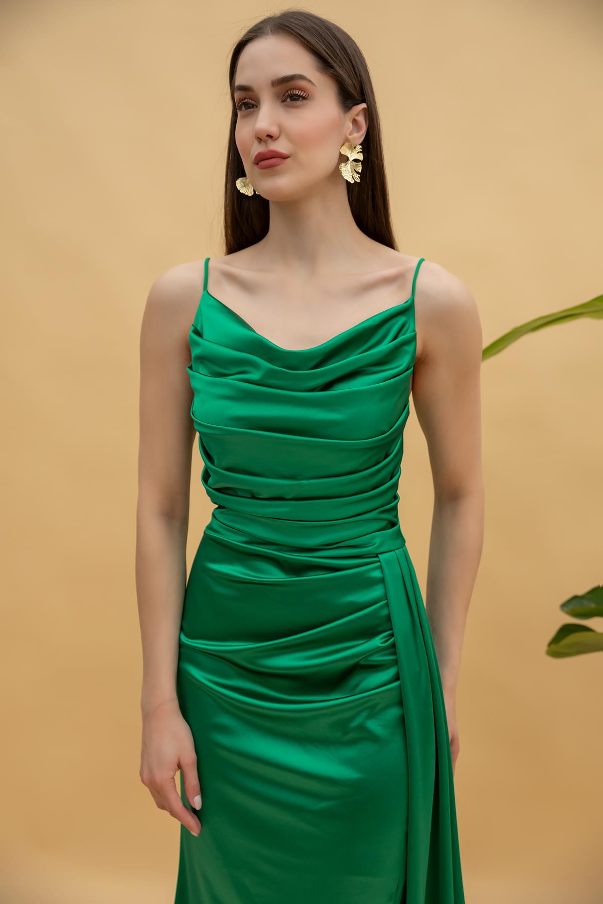 Belted Long Evening Dress with Draped Chest - GREEN