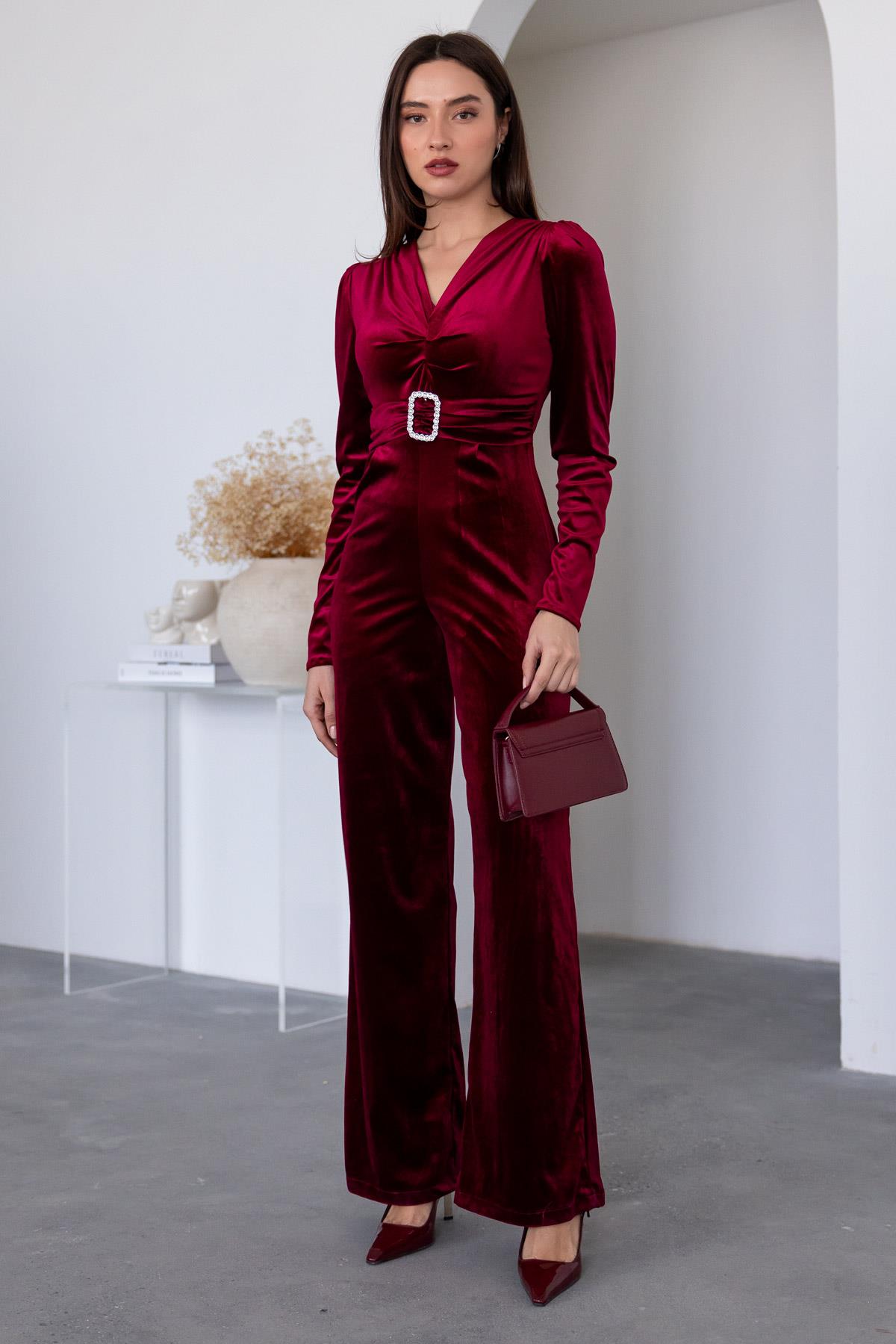 Velvet Belted Jumpsuit - CLARET RED