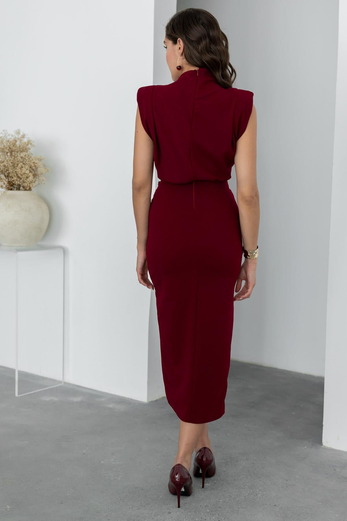 Padded Brooch Detail Dress - CLARET RED