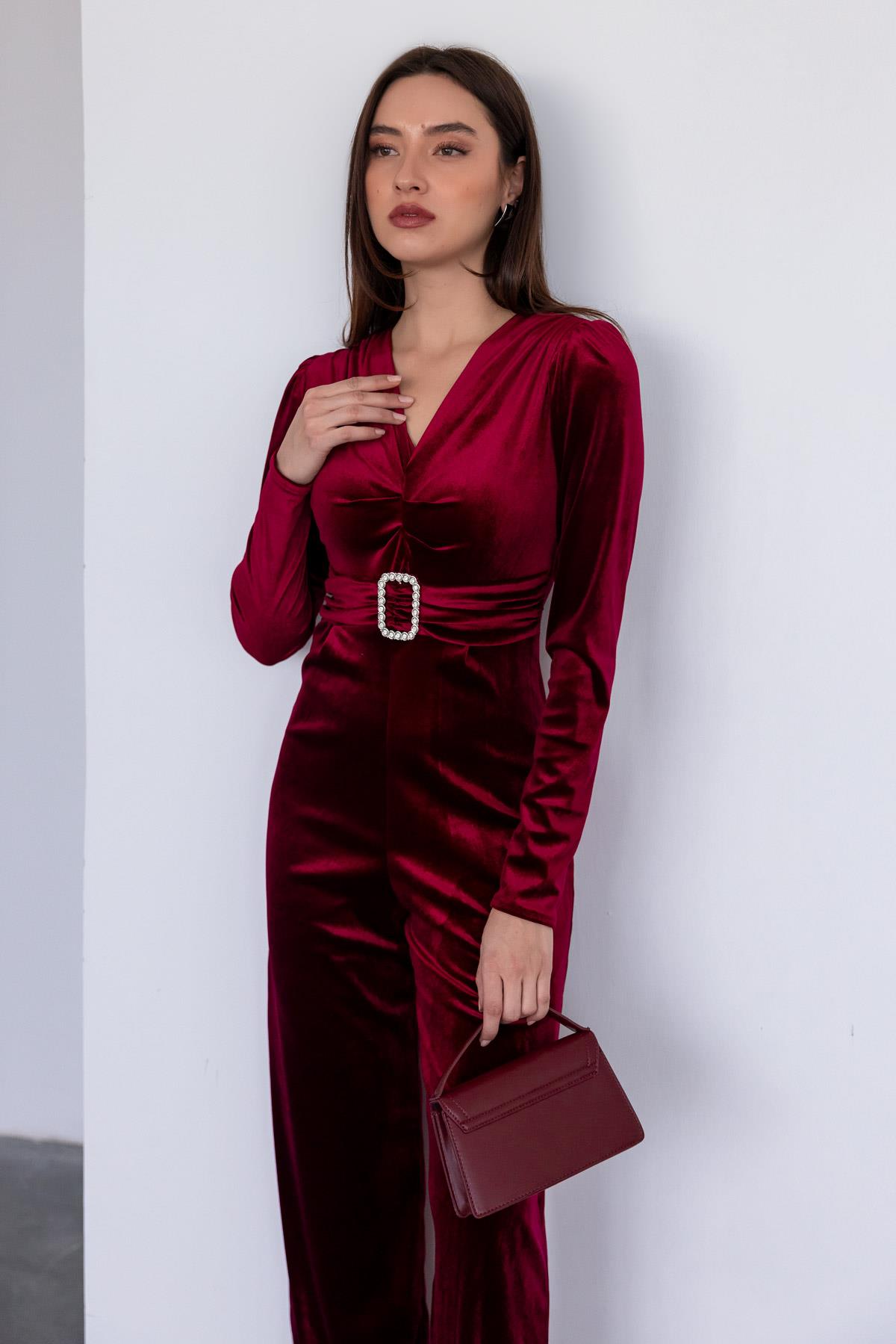 Velvet Belted Jumpsuit - CLARET RED