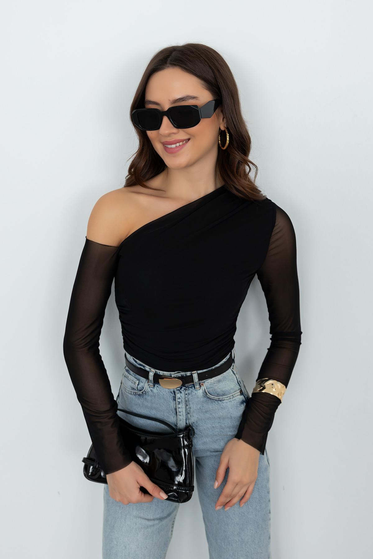 Draped Tulle Blouse - BLACK