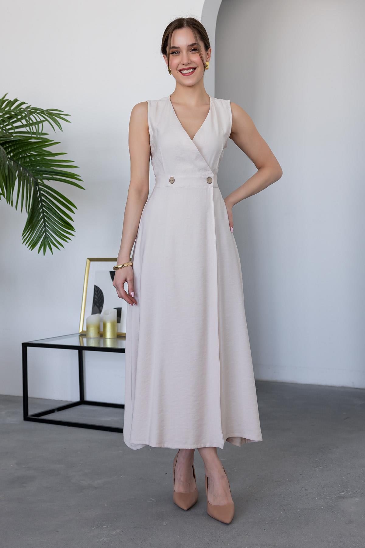 Linen Wrap Dress - STONE