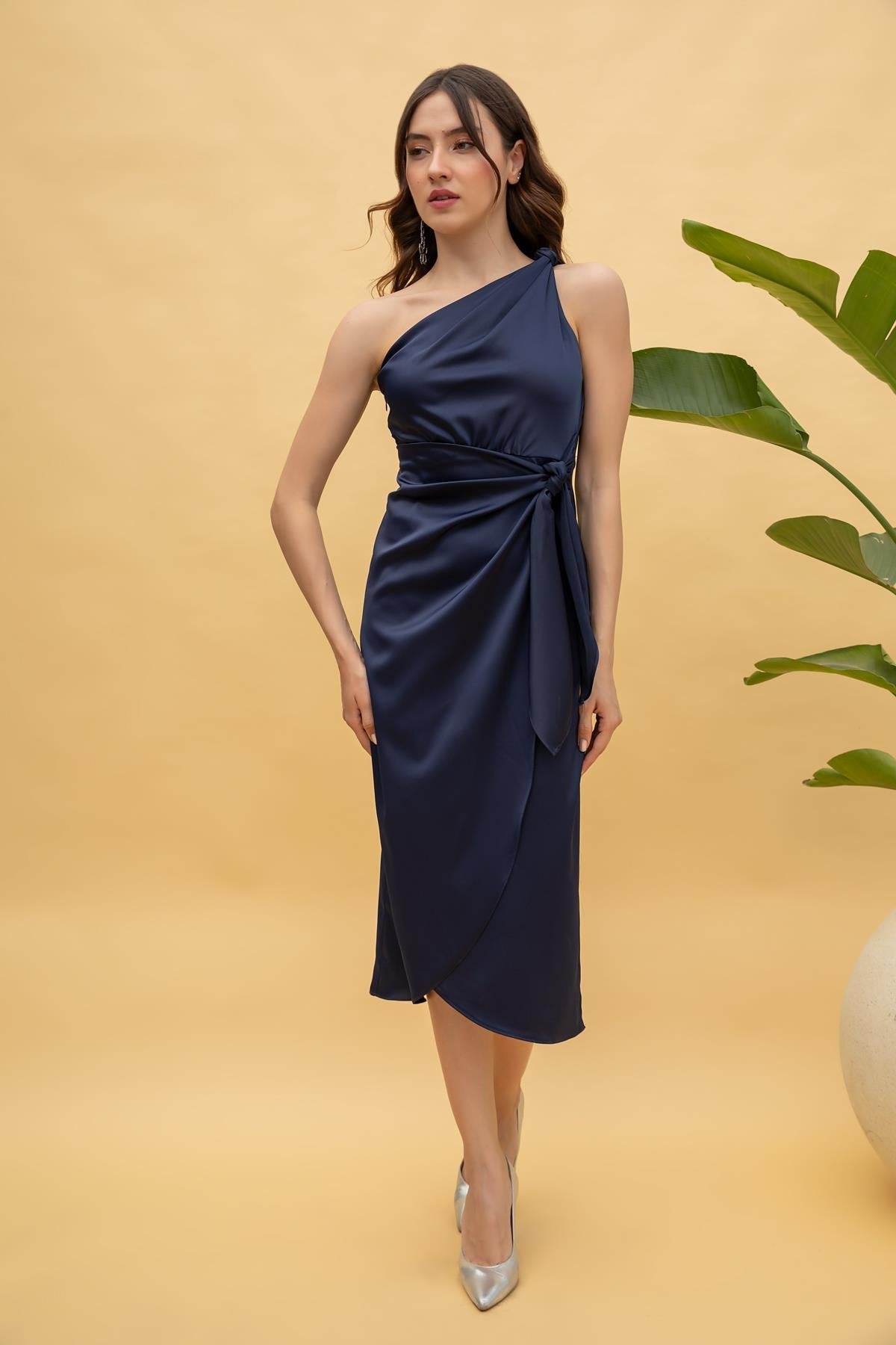 One Shoulder Front Tie Satin Dress - DARK BLUE