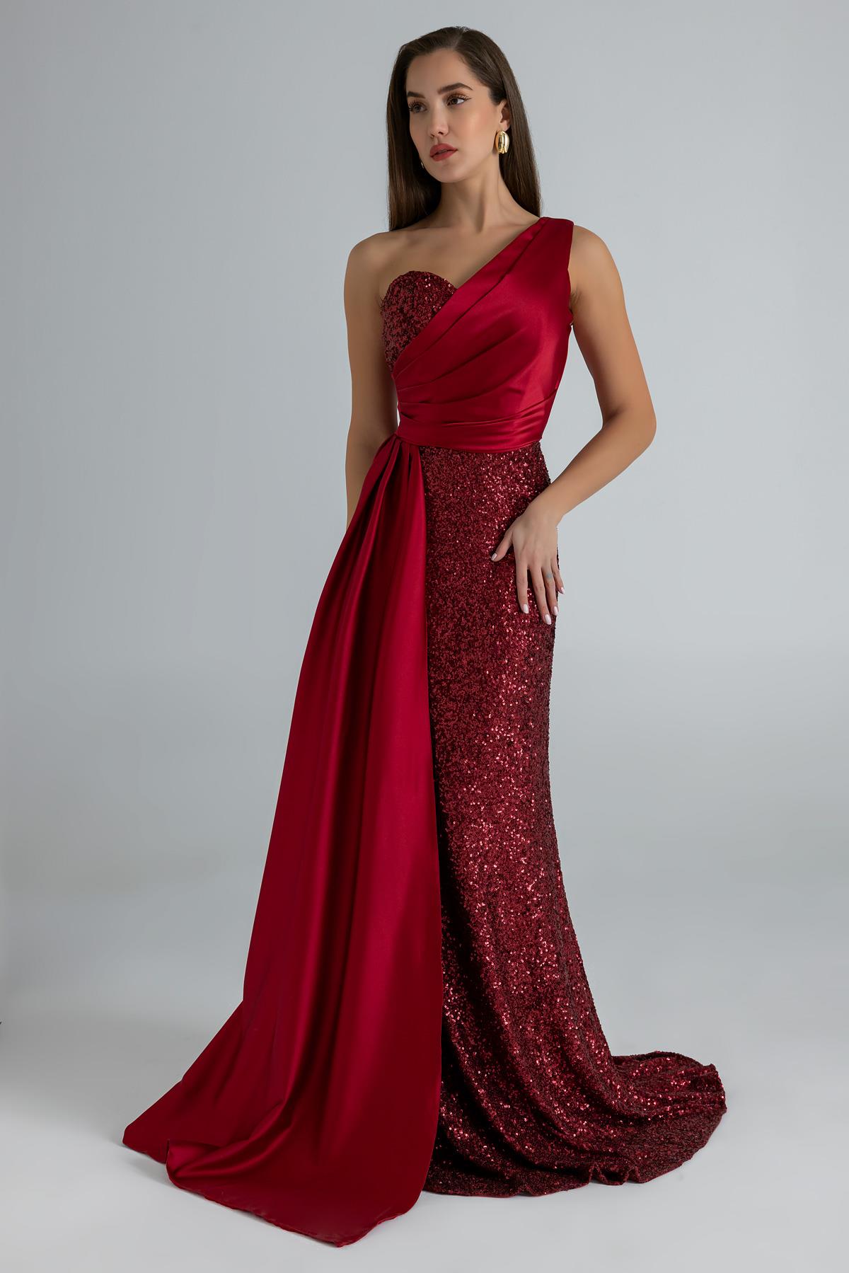 Sequined Satin Detail Evening Dress - DARK RED