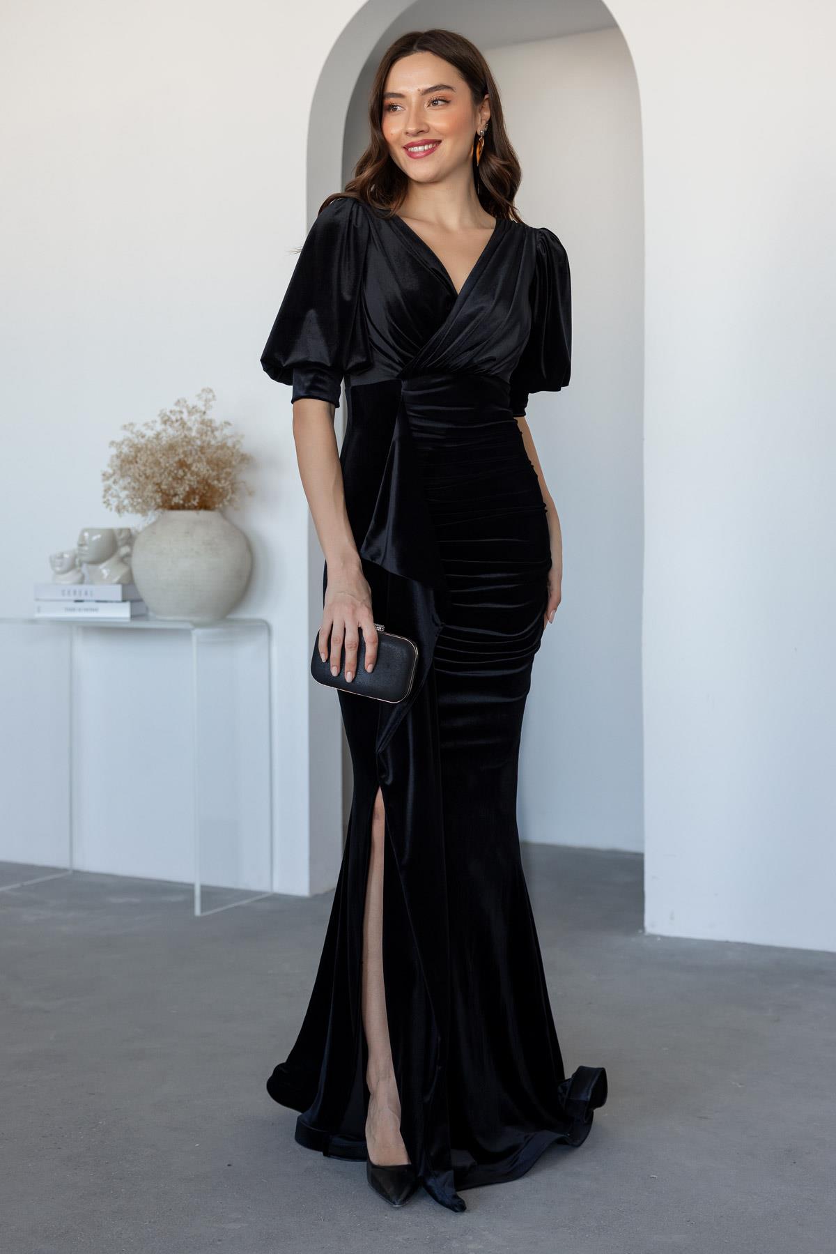 Double-breasted Velvet Evening Dress - BLACK