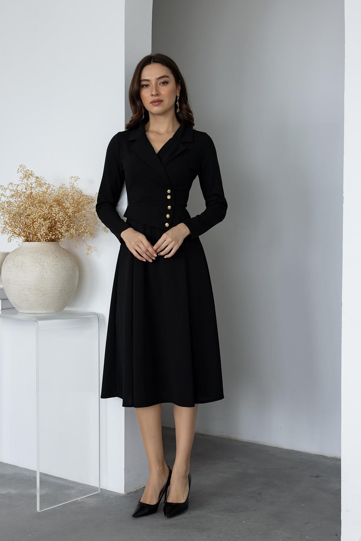 Button Detail Collar Dress - BLACK