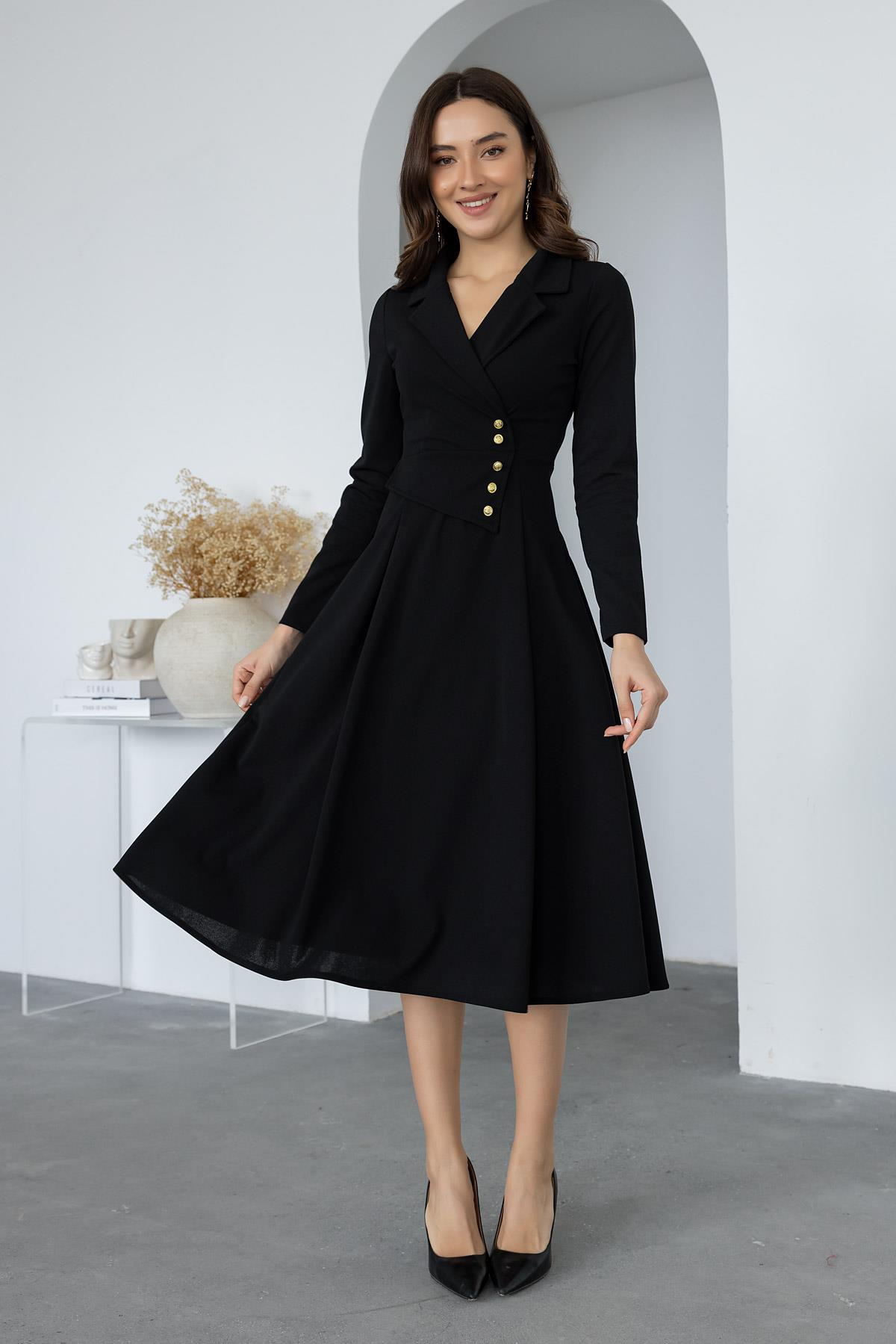 Button Detail Collar Dress - BLACK