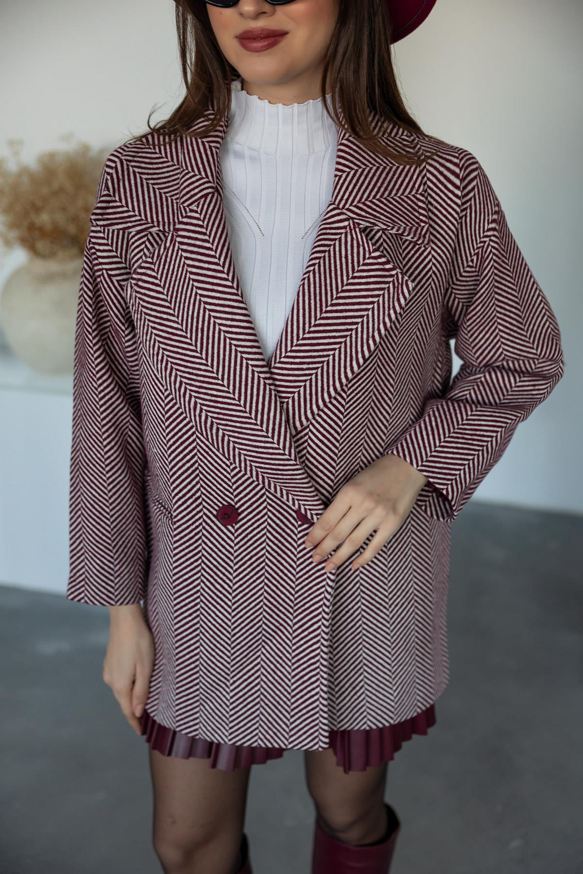 Herringbone Patterned Coat - Claret red