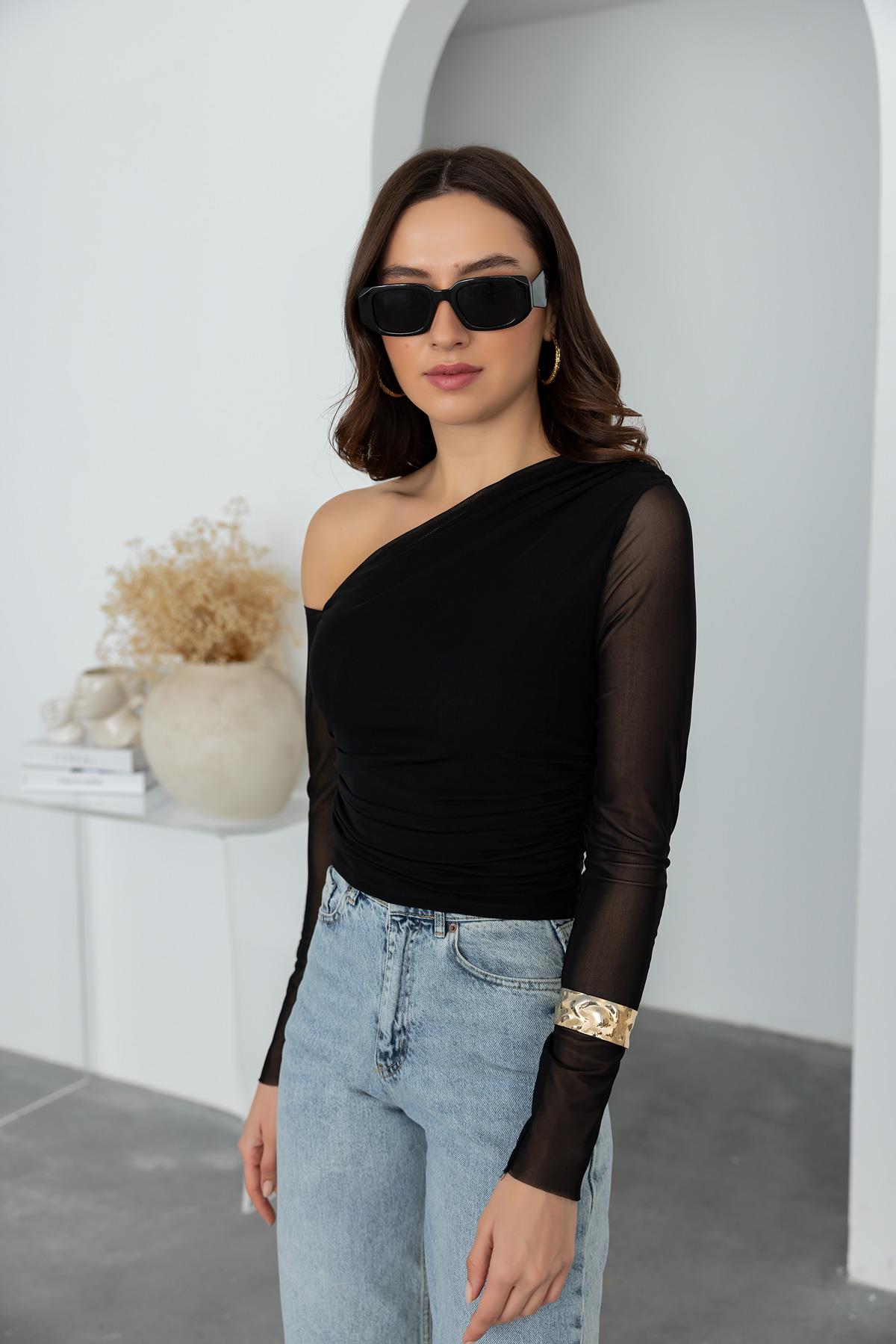 Draped Tulle Blouse - BLACK