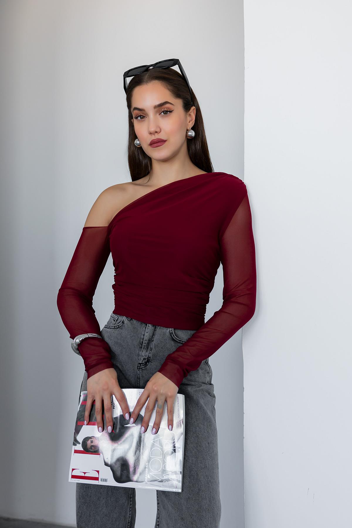 Draped Tulle Blouse - CLARET