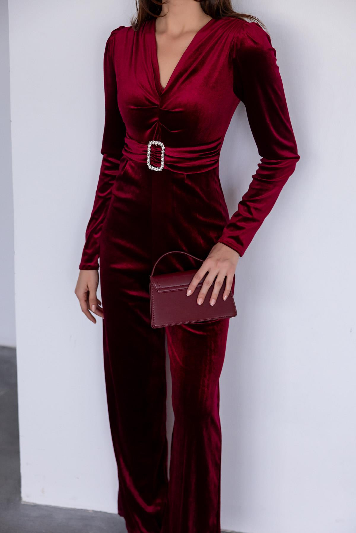 Velvet Belted Jumpsuit - CLARET RED