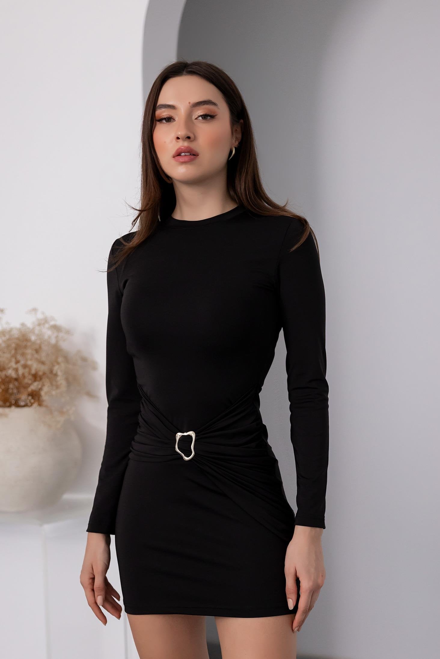 Waist Buckle Mini Dress - BLACK