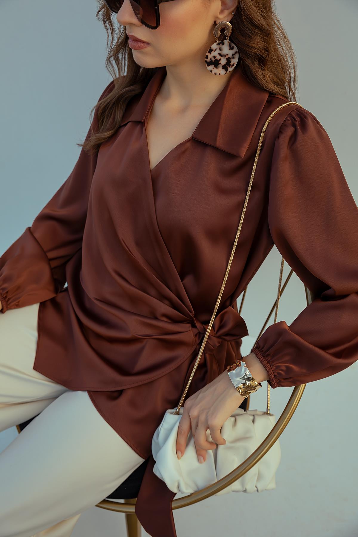 Satin Tie Blouse - BROWN