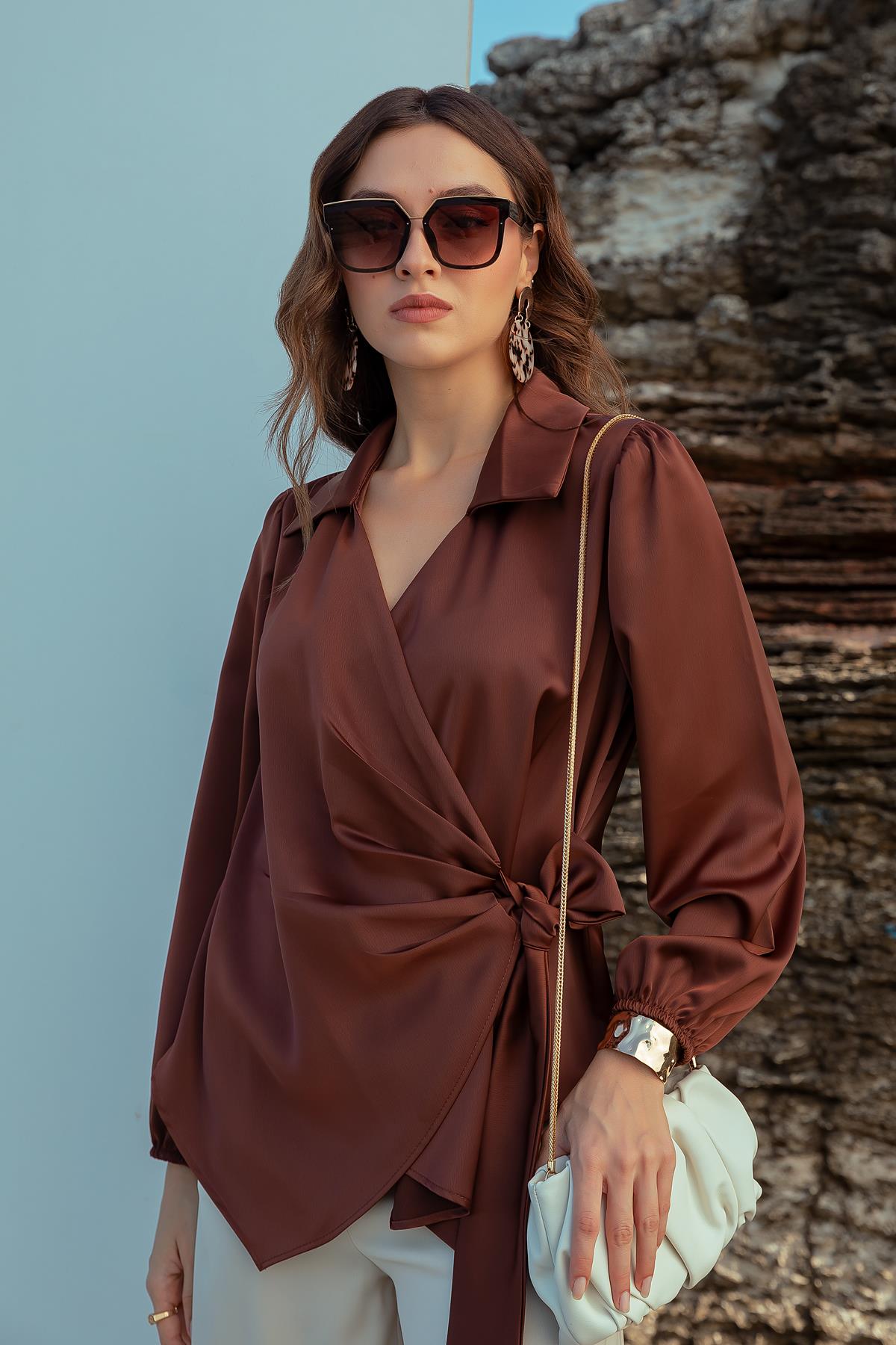 Satin Tie Blouse - BROWN