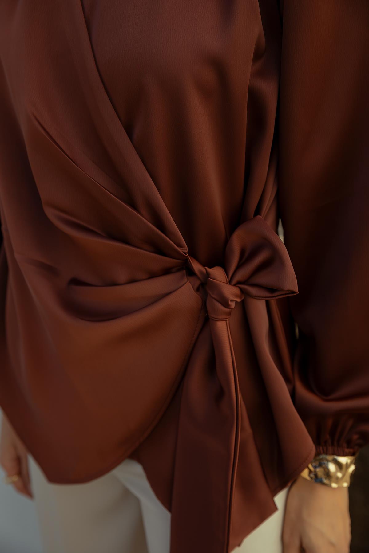 Satin Tie Blouse - BROWN