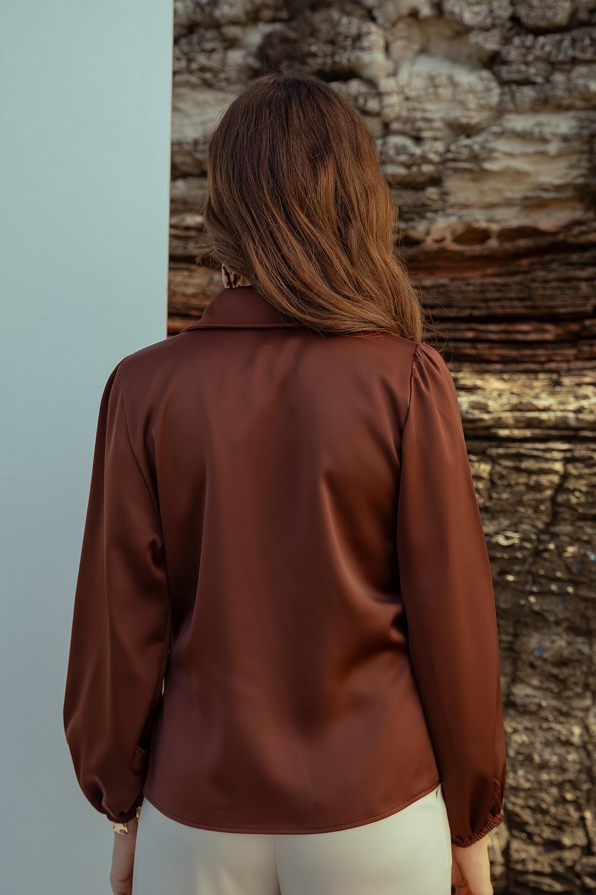 Satin Tie Blouse - BROWN