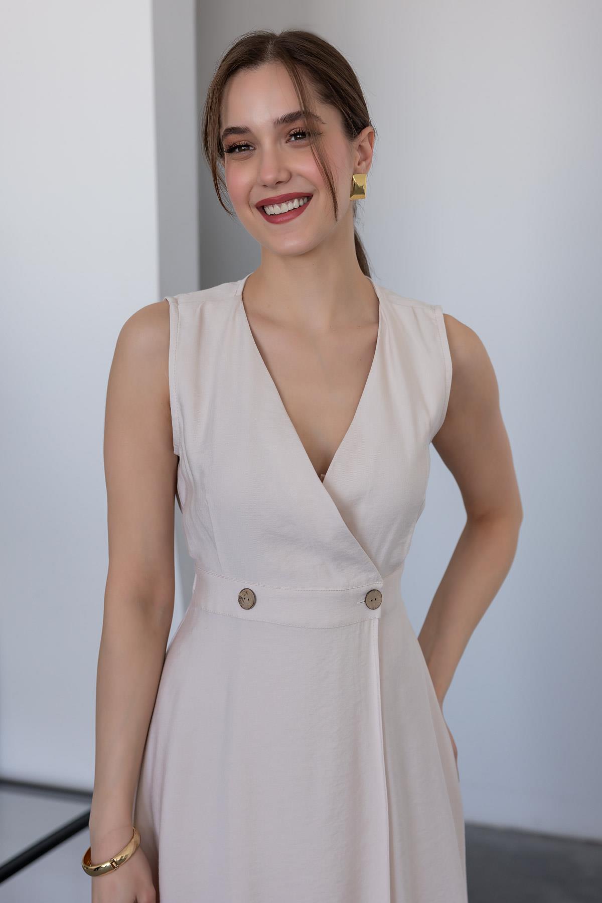 Linen Wrap Dress - STONE