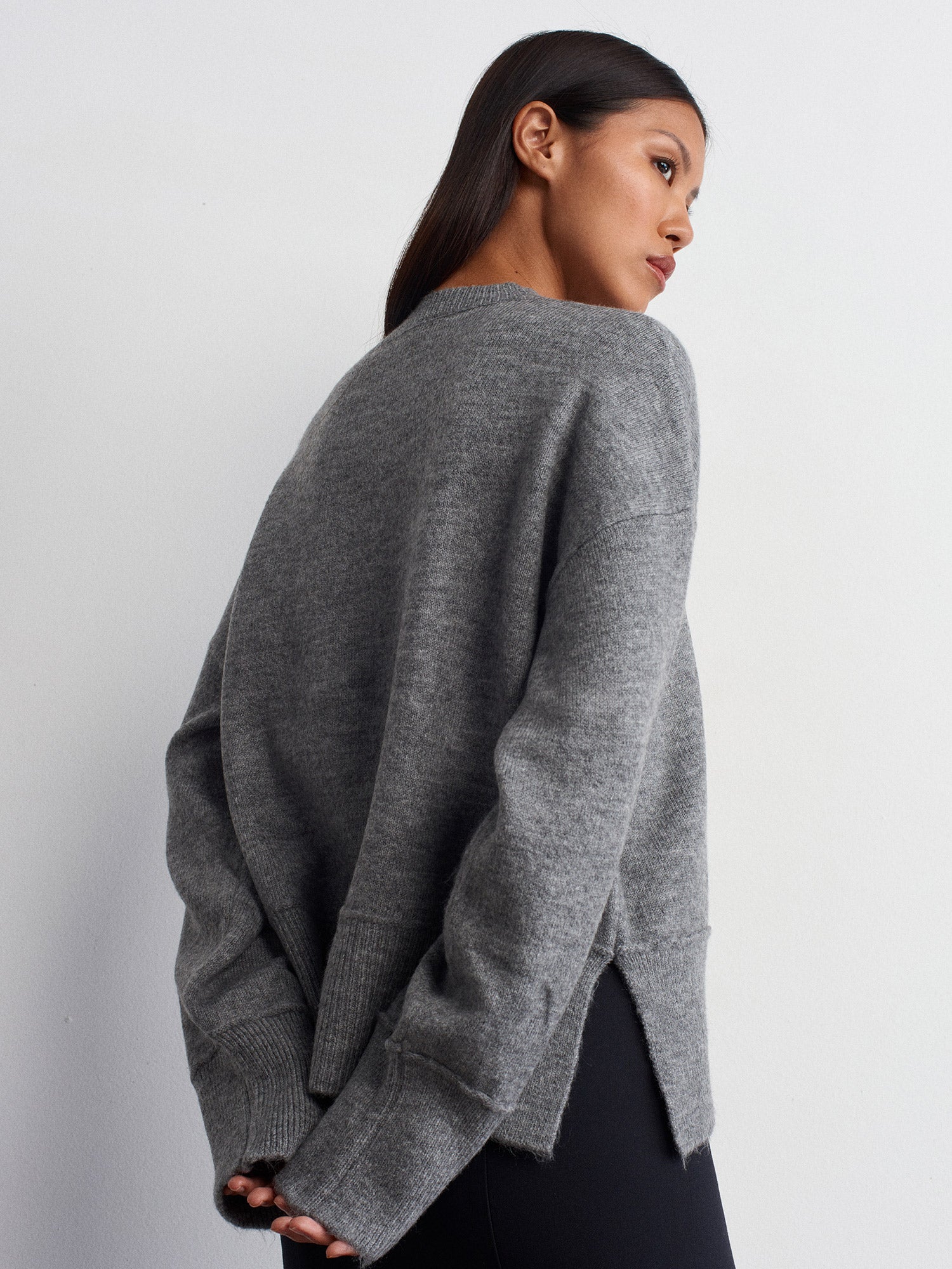 Gray Crew Neck Slit Detailed Knitwear Sweater