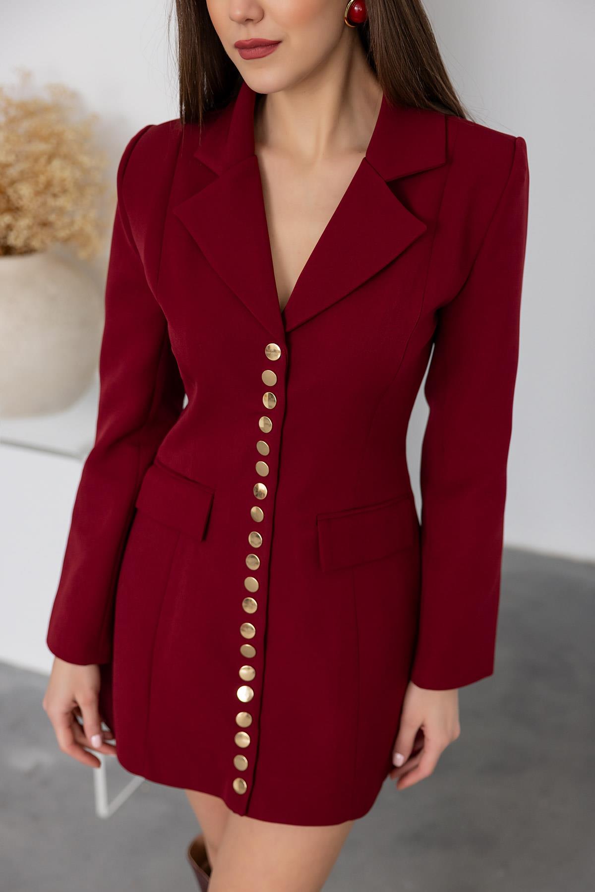 Gold Buttoned Jacket Dress - CLARET Red