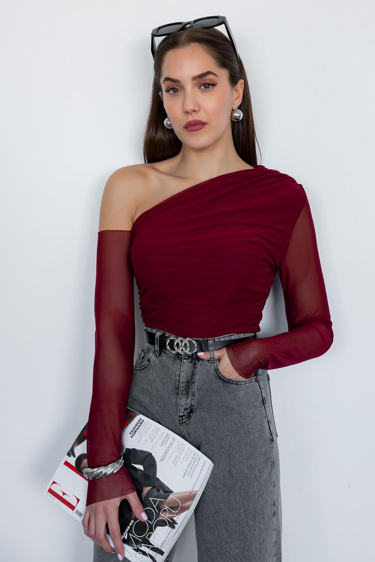 Draped Tulle Blouse - CLARET