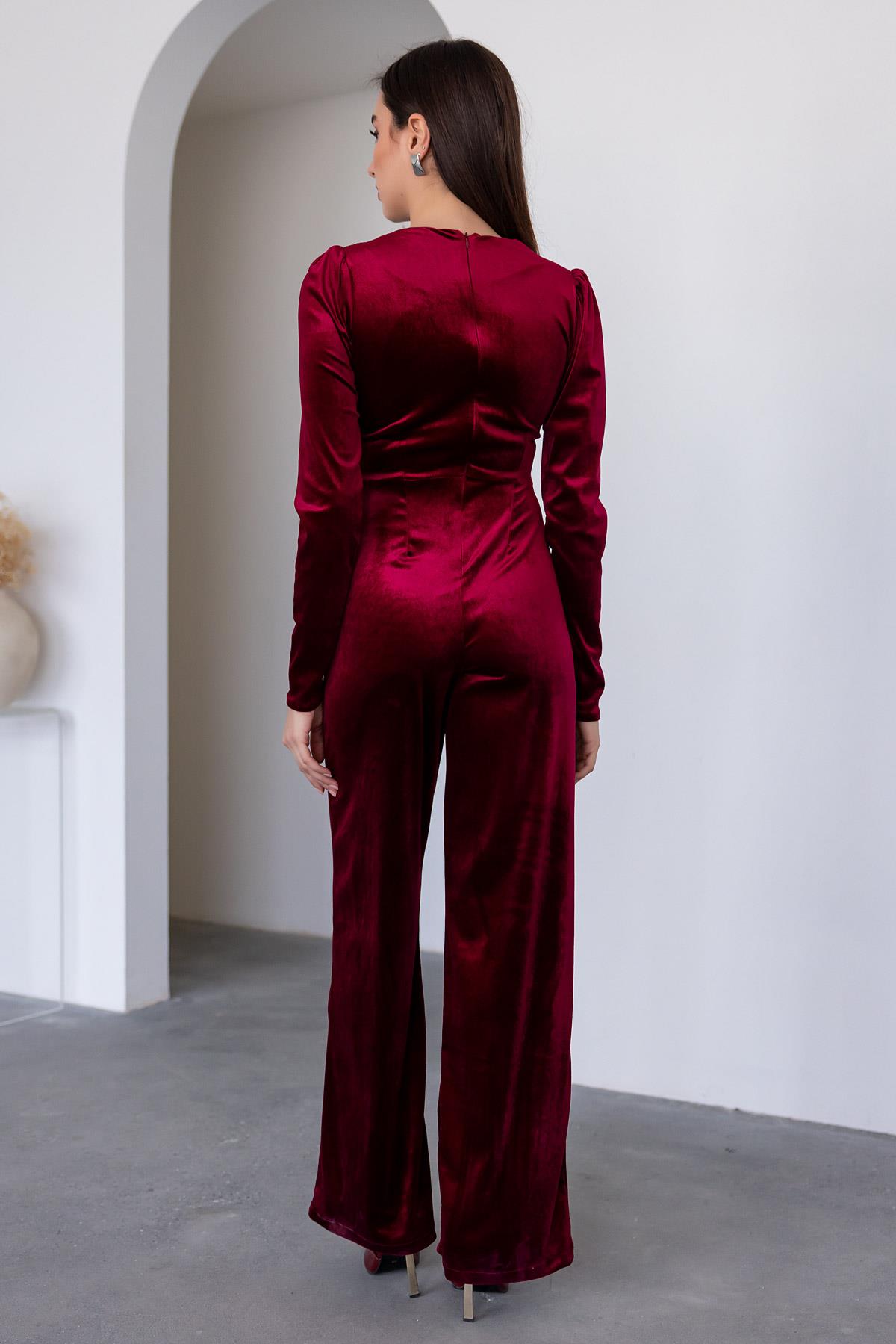 Velvet Belted Jumpsuit - CLARET RED