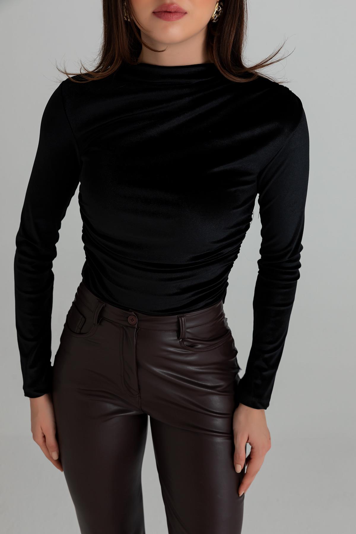 Gathered Velvet Crop Blouse - BLACK