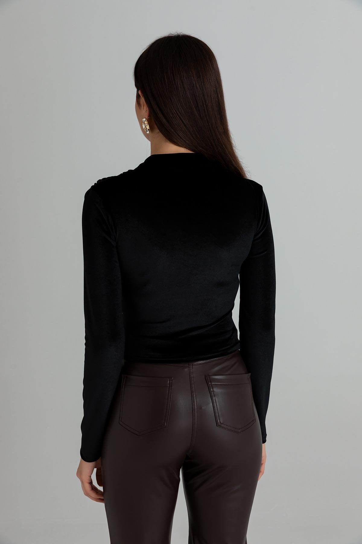 Gathered Velvet Crop Blouse - BLACK