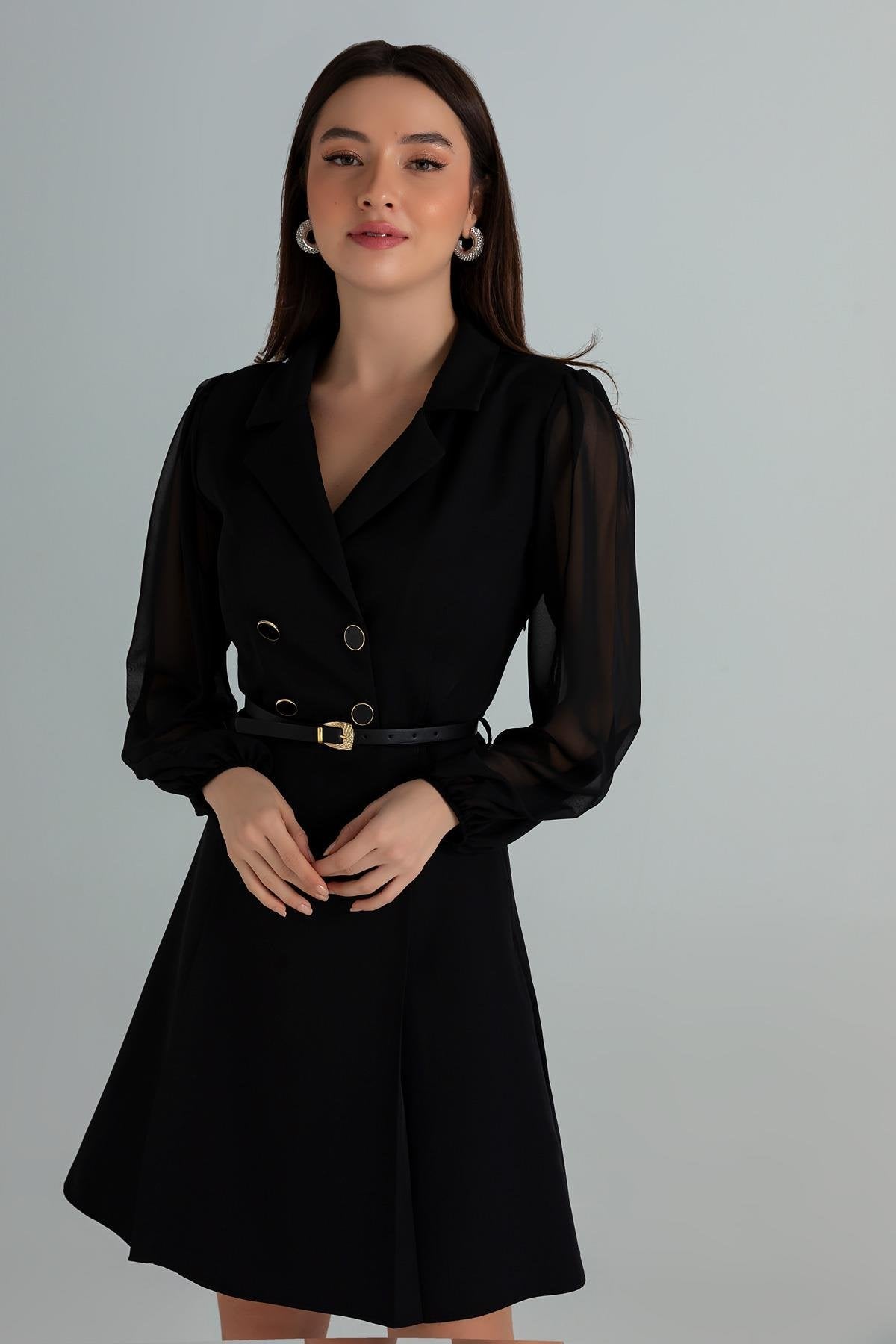 Collared Belted Dress - BLACK