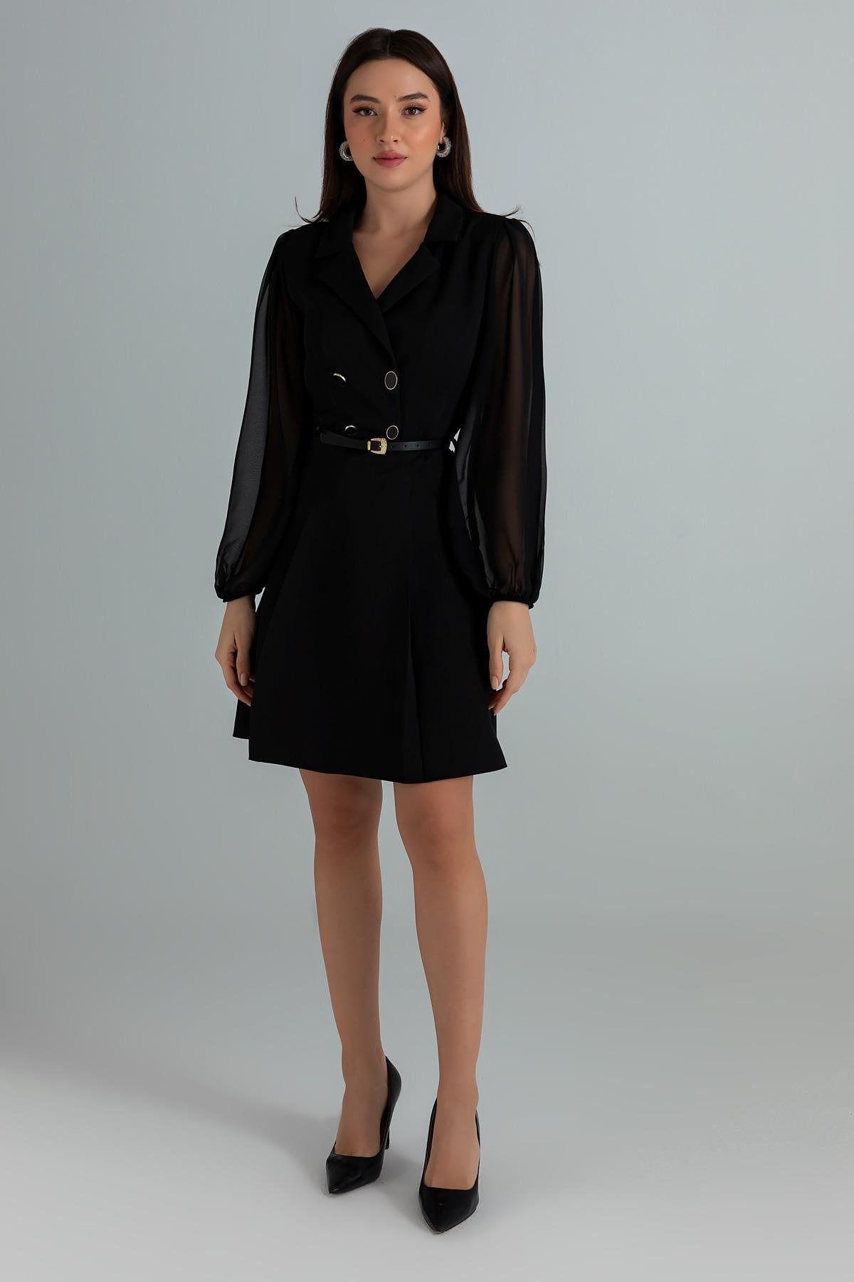 Collared Belted Dress - BLACK