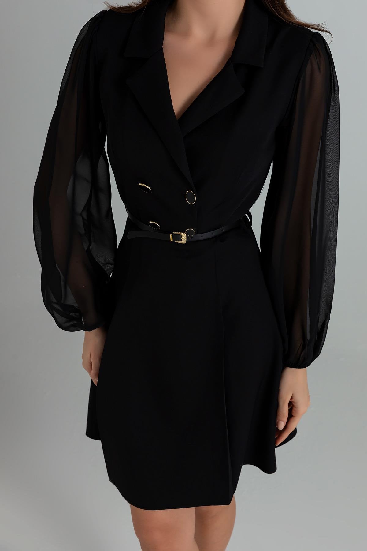 Collared Belted Dress - BLACK