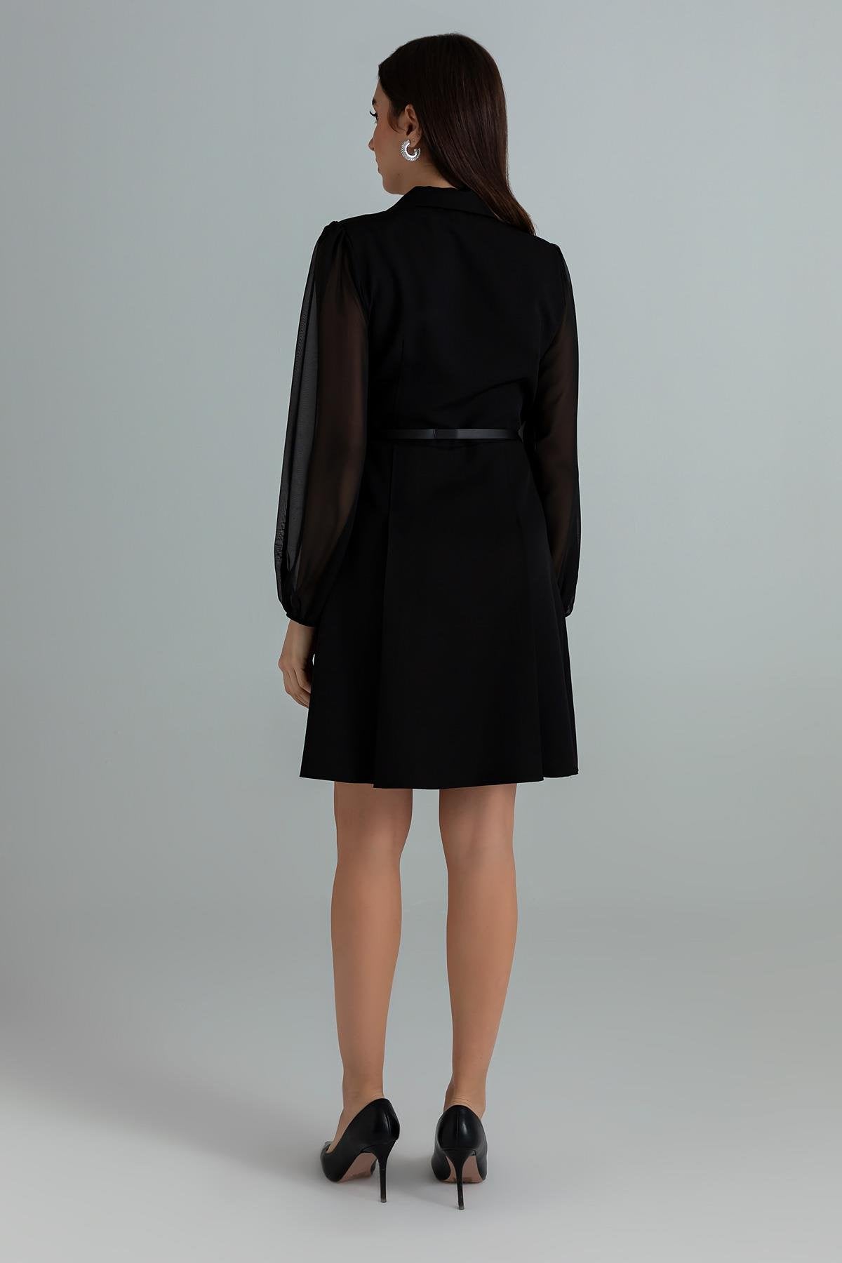 Collared Belted Dress - BLACK