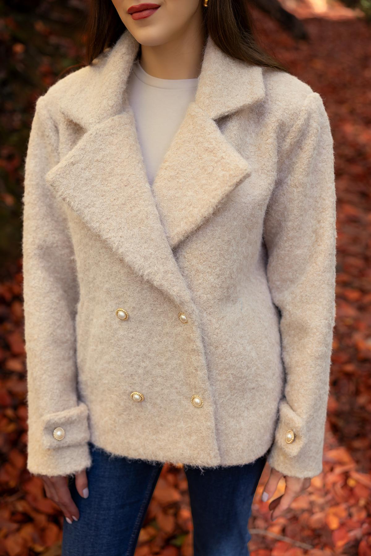 Pearl Detail Cashmere Jacket - CREAM