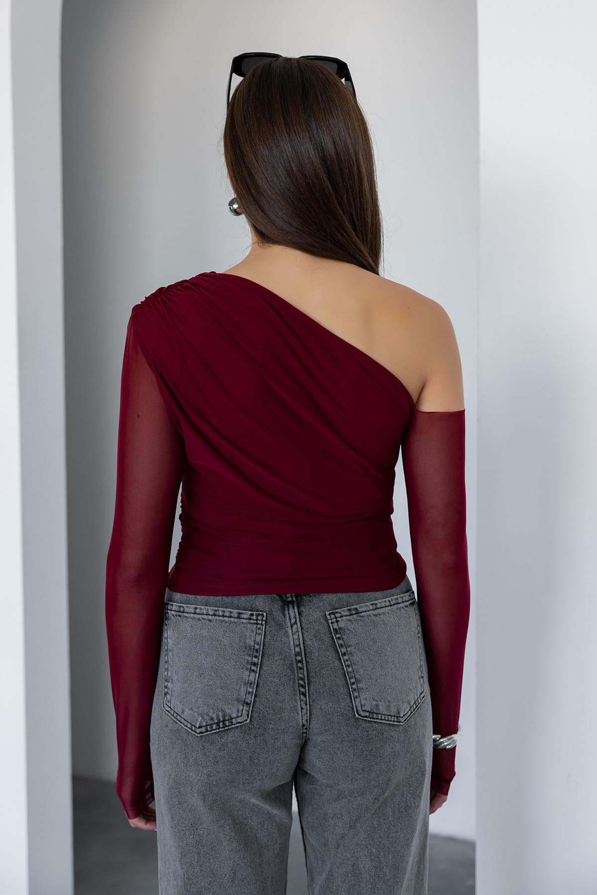 Draped Tulle Blouse - CLARET