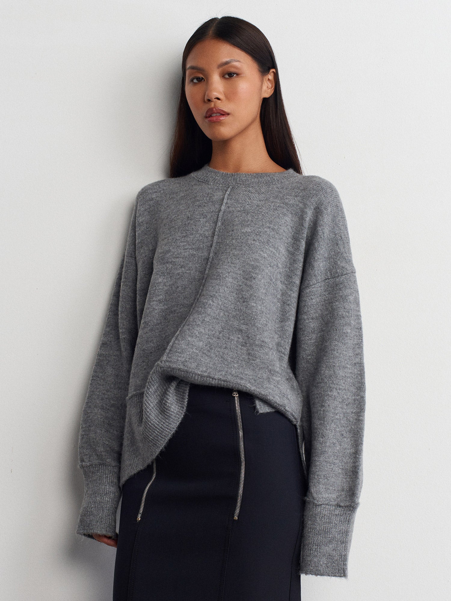 Gray Crew Neck Slit Detailed Knitwear Sweater