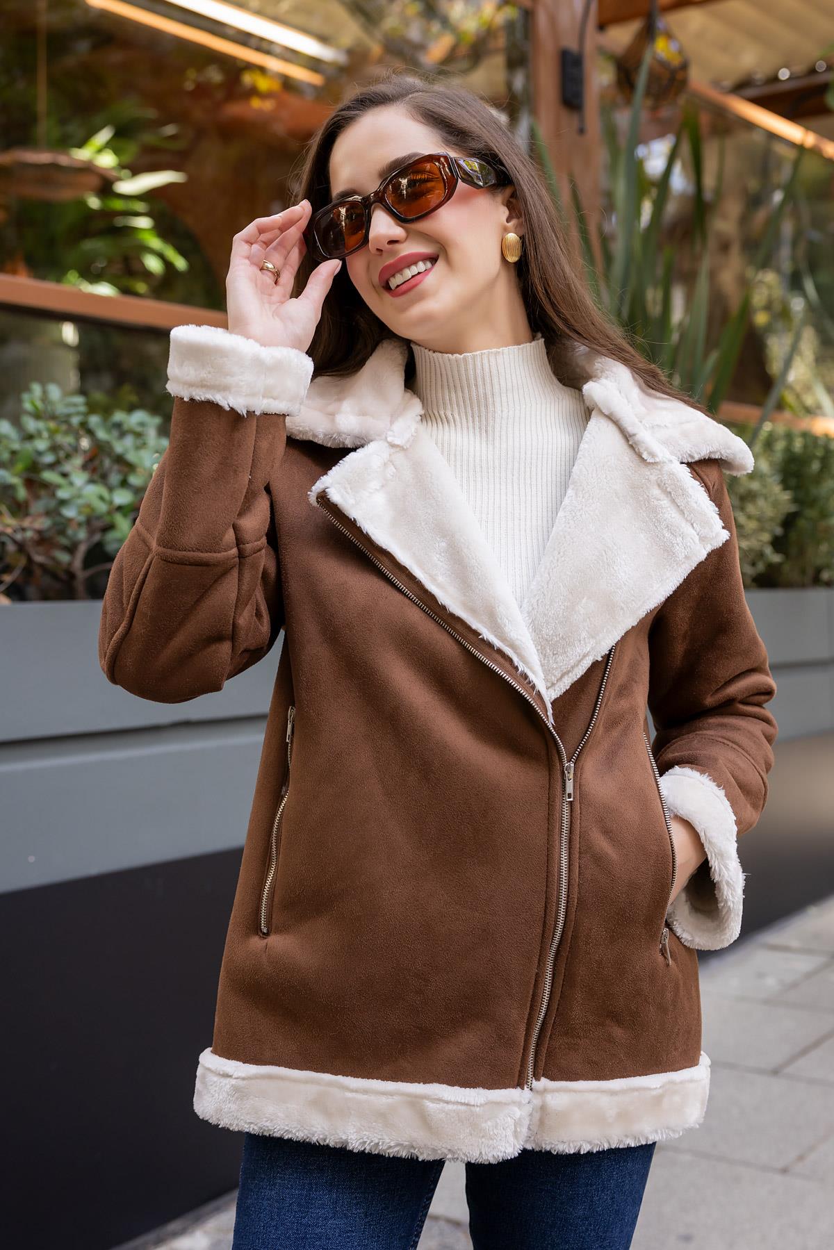 Suede Coat with Fur Inside - BROWN